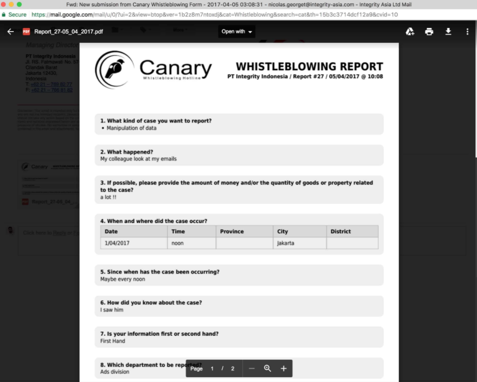 Canary Whistleblowing System pdf report