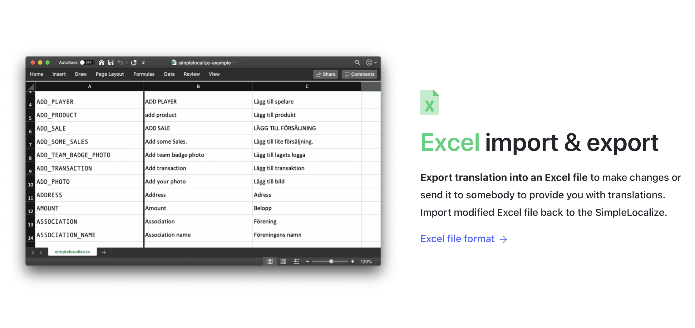 Translation Export and Import option. Excel, JSON, PHP Array, CSV, any many more formats