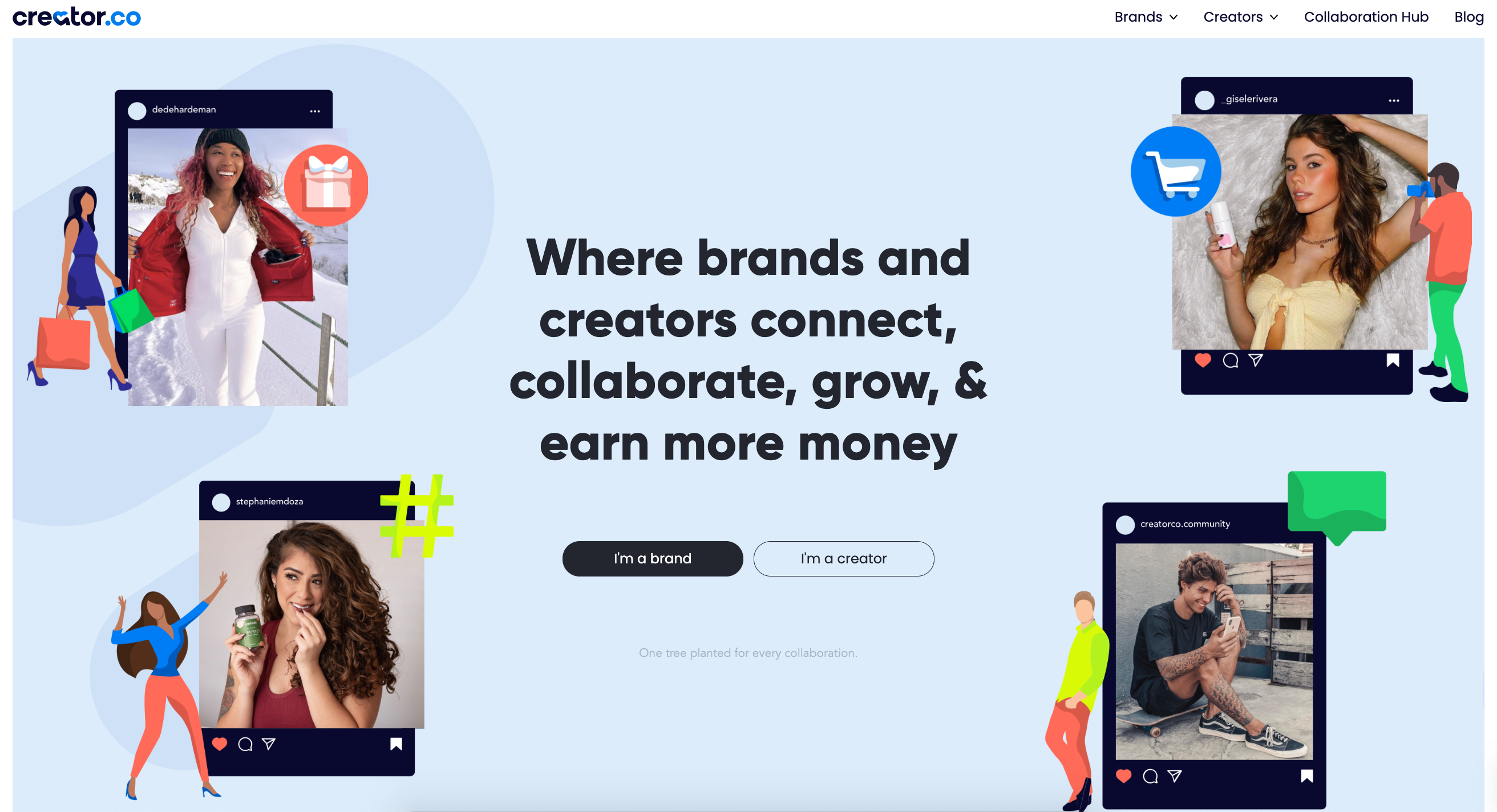 Creator.co screenshot: Are you a brand looking for influencers to generate content and drive revenue? Or are you a Creator looking for brands to collaborate with?