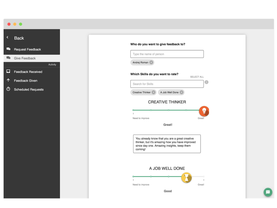 Give Private Feedback on trackable skills or choose from our templates