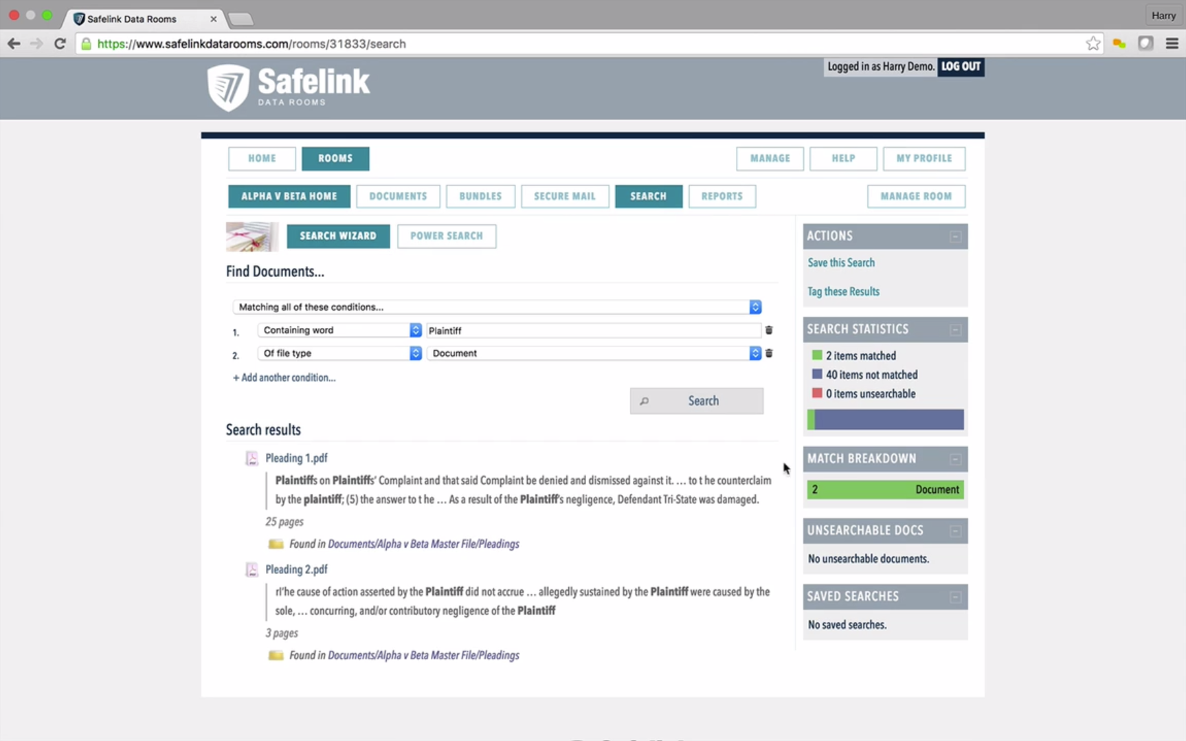 Safelink Data Rooms Software - Users can save and tag search results to review them at a later time