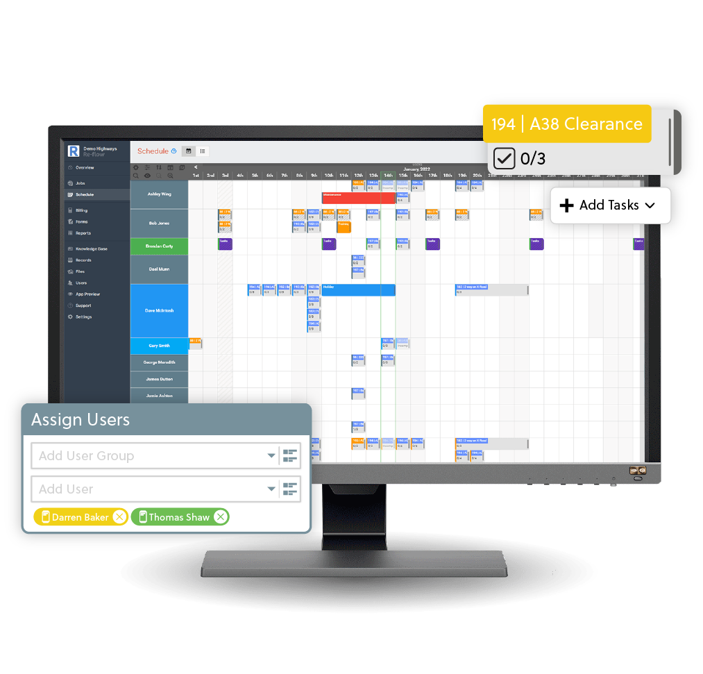 Schedule users, vehicles and equipment to your job. Schedule conflict alerts ensure you never double-book staff or equipment. Re-flow's resource allocation feature ensures future bookings go ahead smoothly  and you always have what you need.