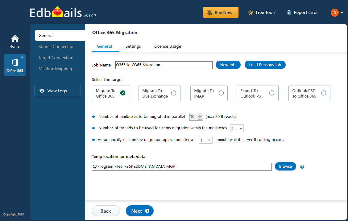 EdbMails Office 365 Migration Software screenshot: EdbMails Office 365 Migration Software Dashboard