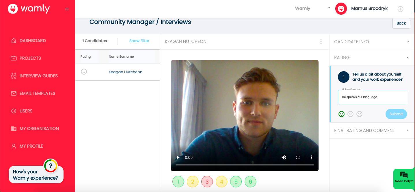 On this end user screen, a rater/user can watch the interview from a candidate, see all their information and documents, provide comments per question and and overall decision or rating.