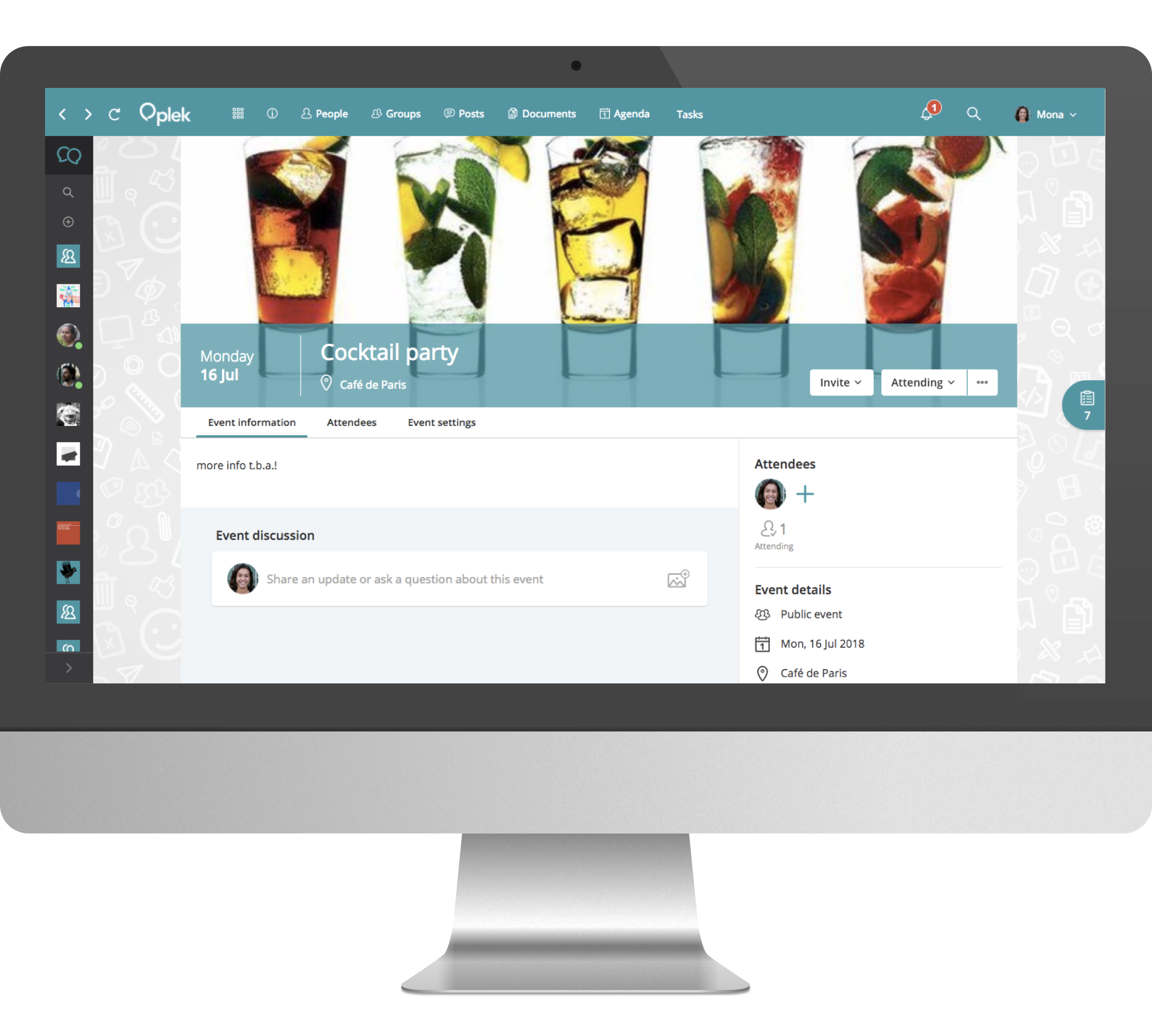 An event has its own page with all the information you need. Keep attendance, publish updates and invite colleagues.