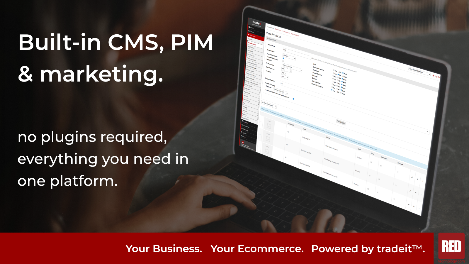 tradeit screenshot: Built-in CMS, PIM and marketing. No plugins required, everything you need in one platform.