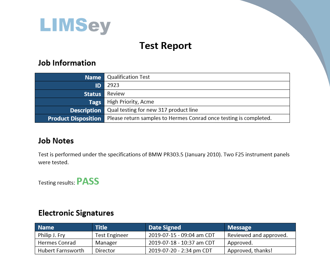 An example test report generated from LIMSey.  The output is a Microsoft Word document filled out with your data from LIMSey.