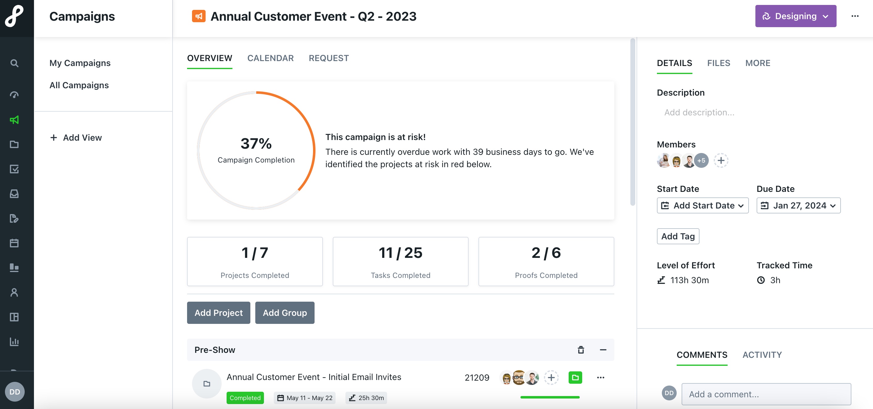 Lytho Workflow screenshot: Campaign Management: View Campaign status, related projects, timelines, and more.