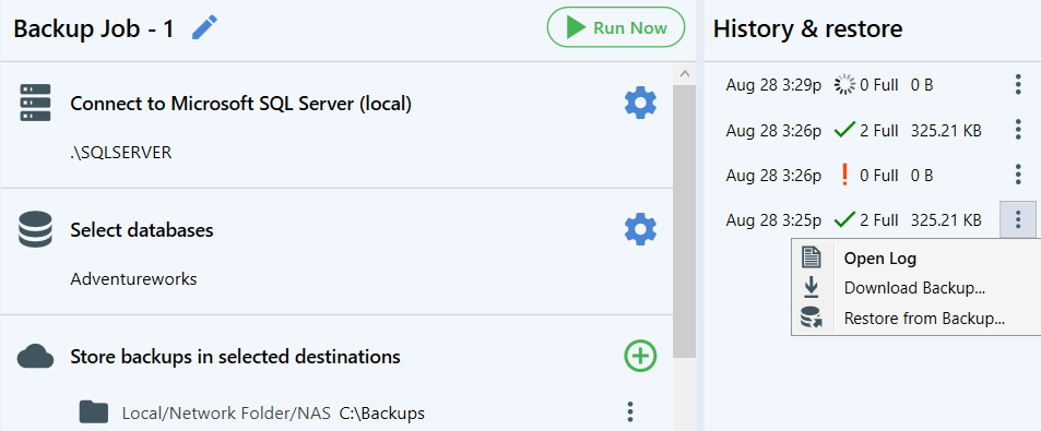 SQLBackupAndFTP Software - At the "History & restore" pane you can monitor the status your backups, check the logs, download the backups and restore them if it is needed