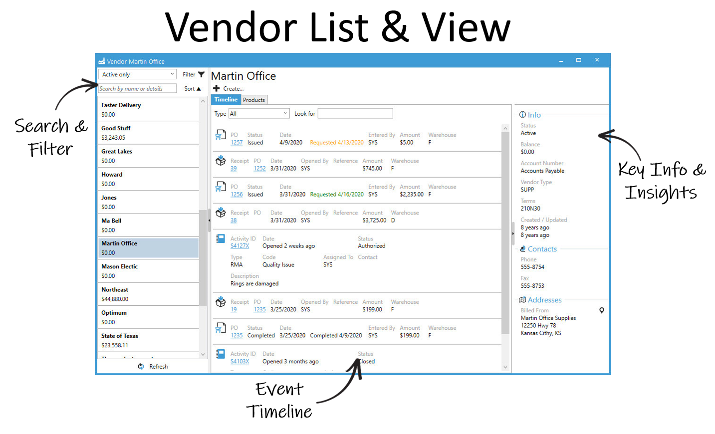 Acctivate Inventory Management Software - Vendor List & View