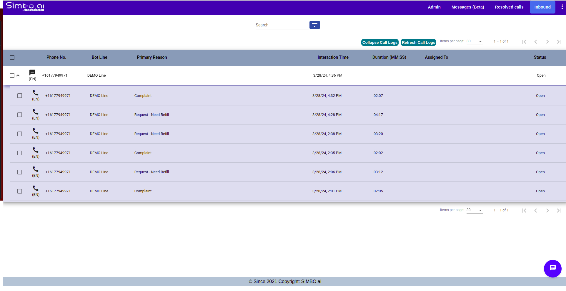 SimboConnect screenshot: SimboConnect Dashboard presenting all the call logs, time spent on each call, purpose of the call and the action taken by BOT