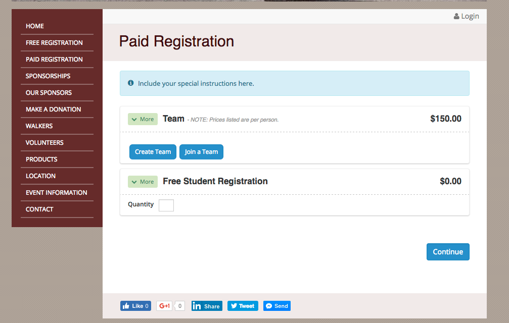 Free and paid registrations are supported, with customizable registration fees