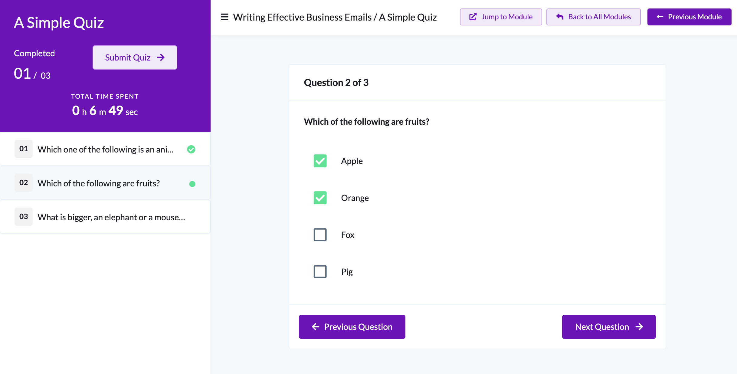 Academy Of Mine Software - Quiz in action