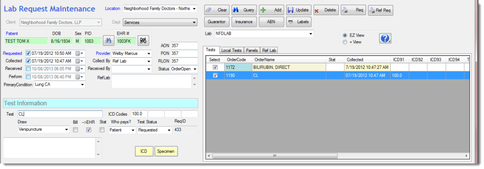 Apex LIS test information screenshot