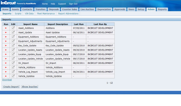 AssetWorks EAM Software - AssetWorks lets users easily view imports and their descriptions through the admin tab.