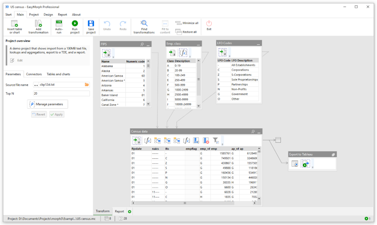 EasyMorph screenshot: EasyMorph combines data and workflow in a single view, providing a clear picture of transformation logic