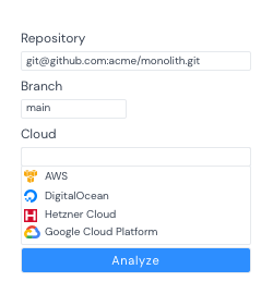 Connect your cloud provider account to Cloud 66. All major cloud providers including AWS, DigitalOcean, Hetzner, Google Cloud, Vultr, Azure and Linode are supported