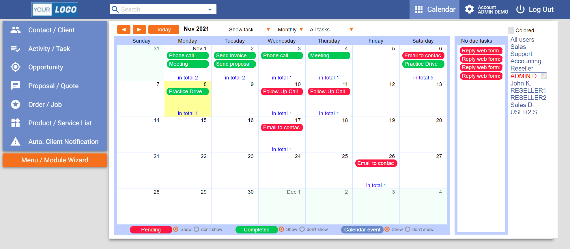 MyBasicCRM Software - Calendar view