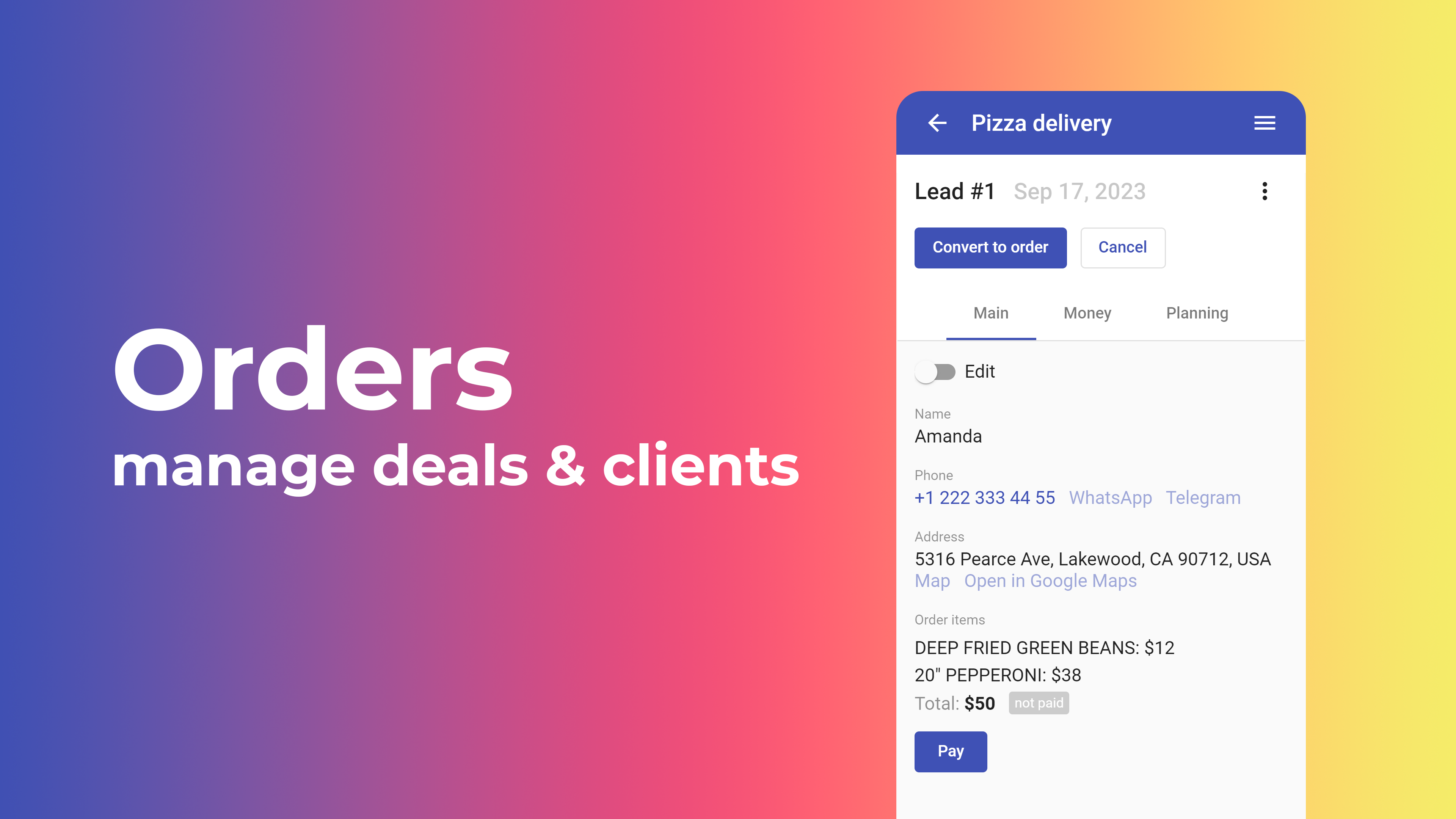 Orders: manage deals & clients
