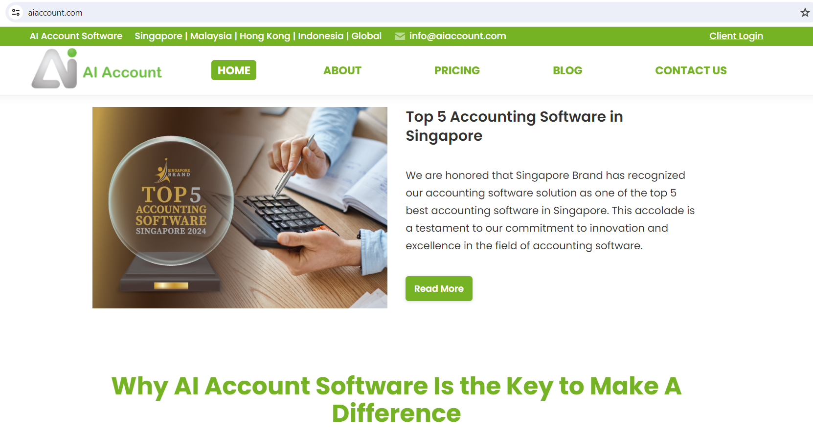 AI Account screenshot: AI Account is Top 5 Accounting Software in Singapore
We are honored that Singapore Brand has recognized our accounting software solution as one of the top 5 best accounting software in Singapore. 
