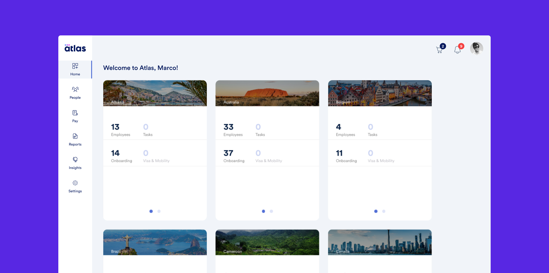 Atlas HXM screenshot: Welcome dashboard: This feature in the Atlas HXM platform lets clients quickly visualize the countries they have teams in