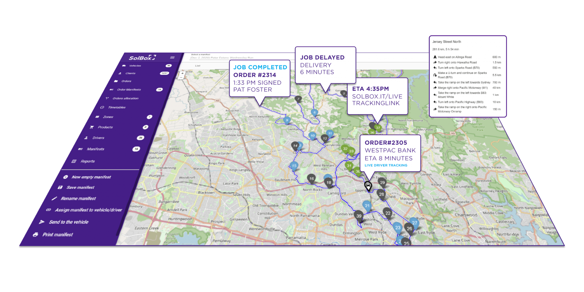 Routing Optimisation, Live Manifest Map View - Easy to use cloud software, Live Driver Tracking, Live Customer SMS ETA's, Order Status, Real-time Proof of Delivery, Dynamic Live Order Allocations