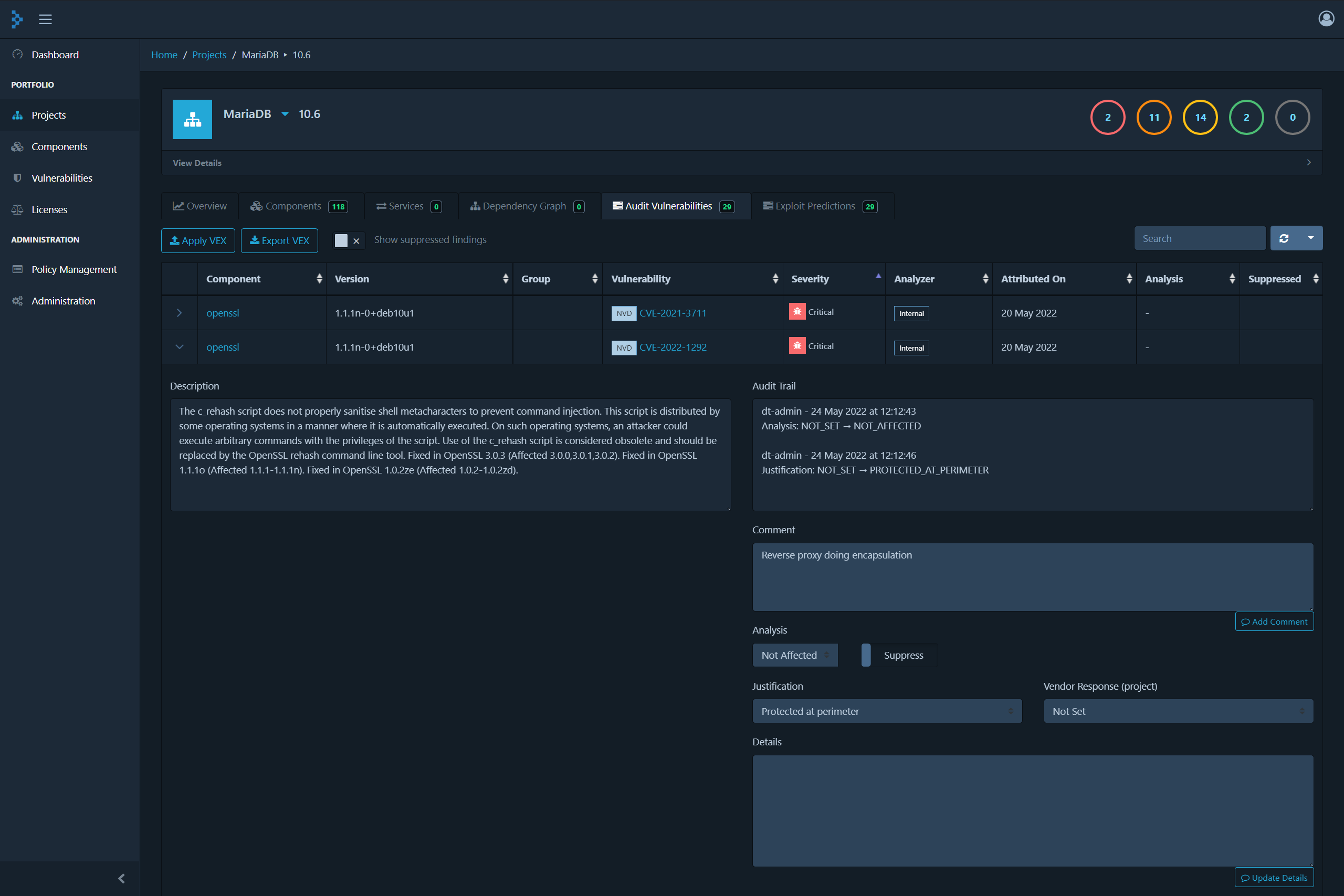 Dependency Track SaaS screenshot: Dependency Track SaaS Vulnerabilities audit -  Assessment of impact for the company, with audit trail of the changes.