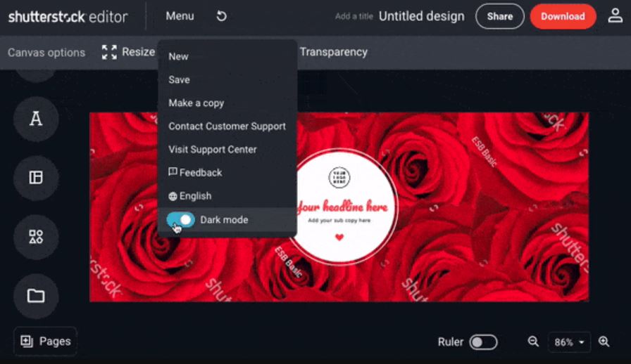 Shutterstock Editor screenshot: Shutterstock Editor dark mode