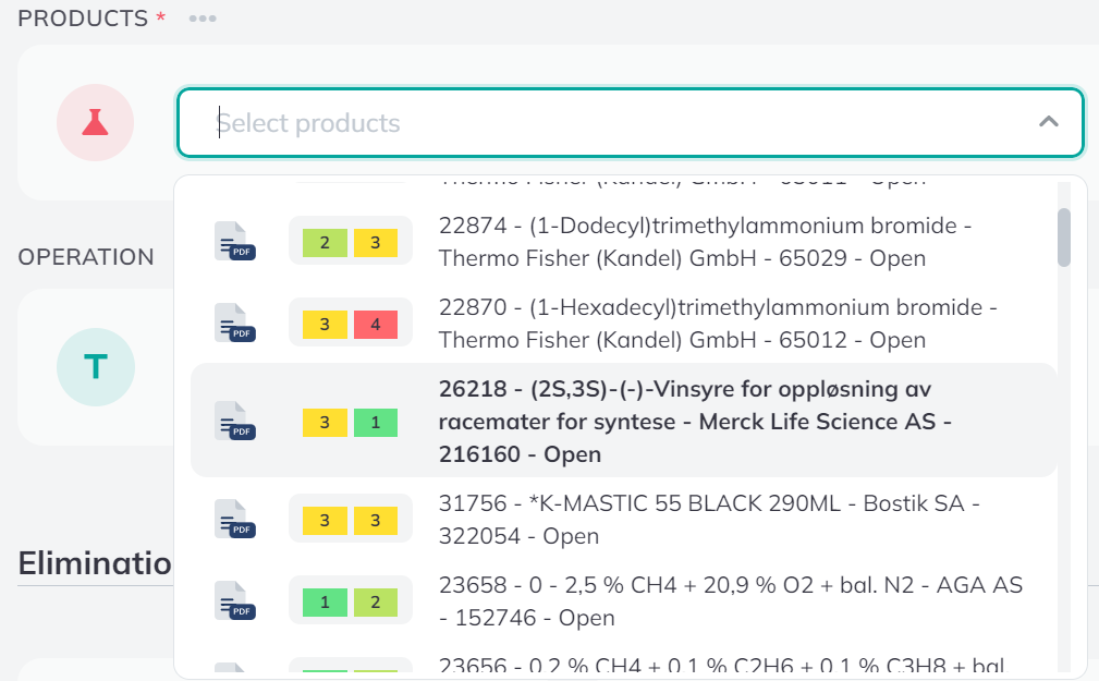 Dropdown list showing the available Chemical Products to select from the Chemical Product (SDS) register.