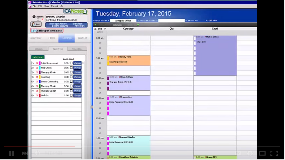 ICANotes Software - ICANotes appointment manager view that allows clinicians to manage their appointments