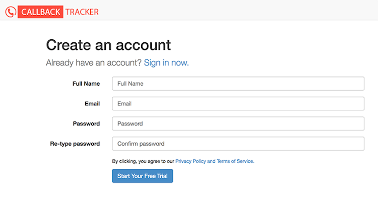 Callback Tracker screenshot: Callback Tracker promises a straightforward account signup process with a 14-day free trial available