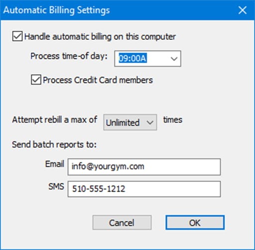 Gym Assistant Software - AutoBill Settings view