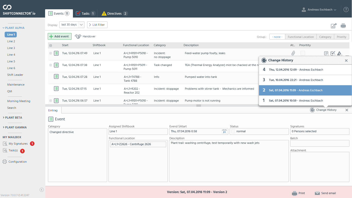 Change history displays of all versions of an entry, which are saved and retrievable