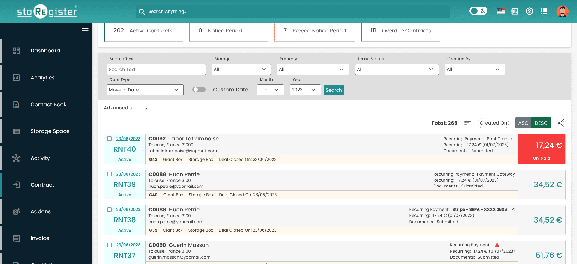 StoRegister Software - Gives you an overview of a Contract at a glance.