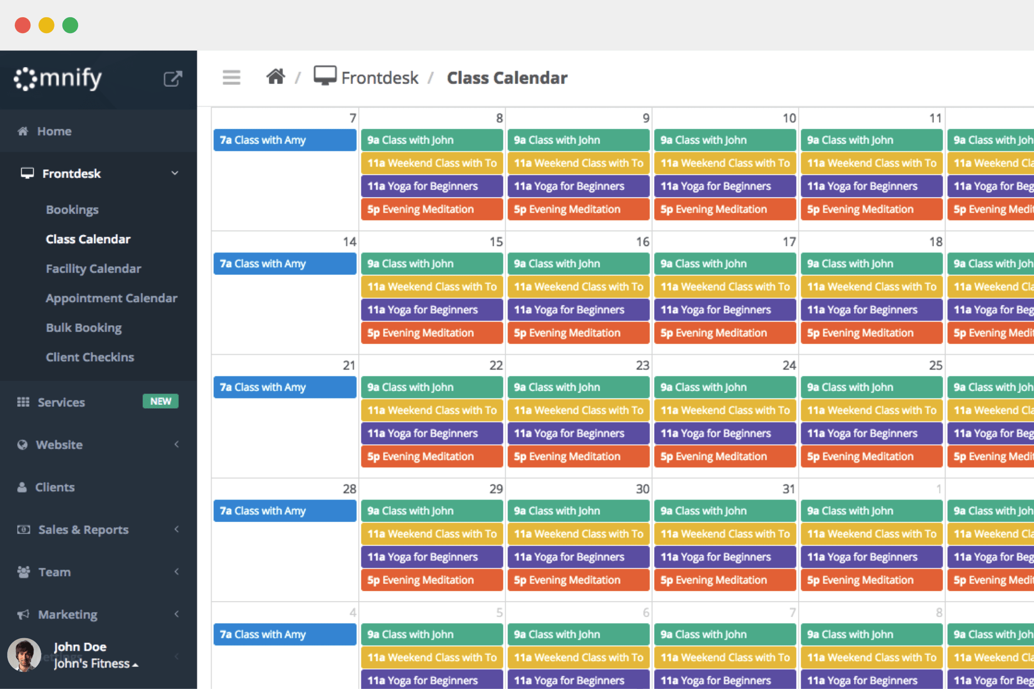 Omnify class calendar screenshot