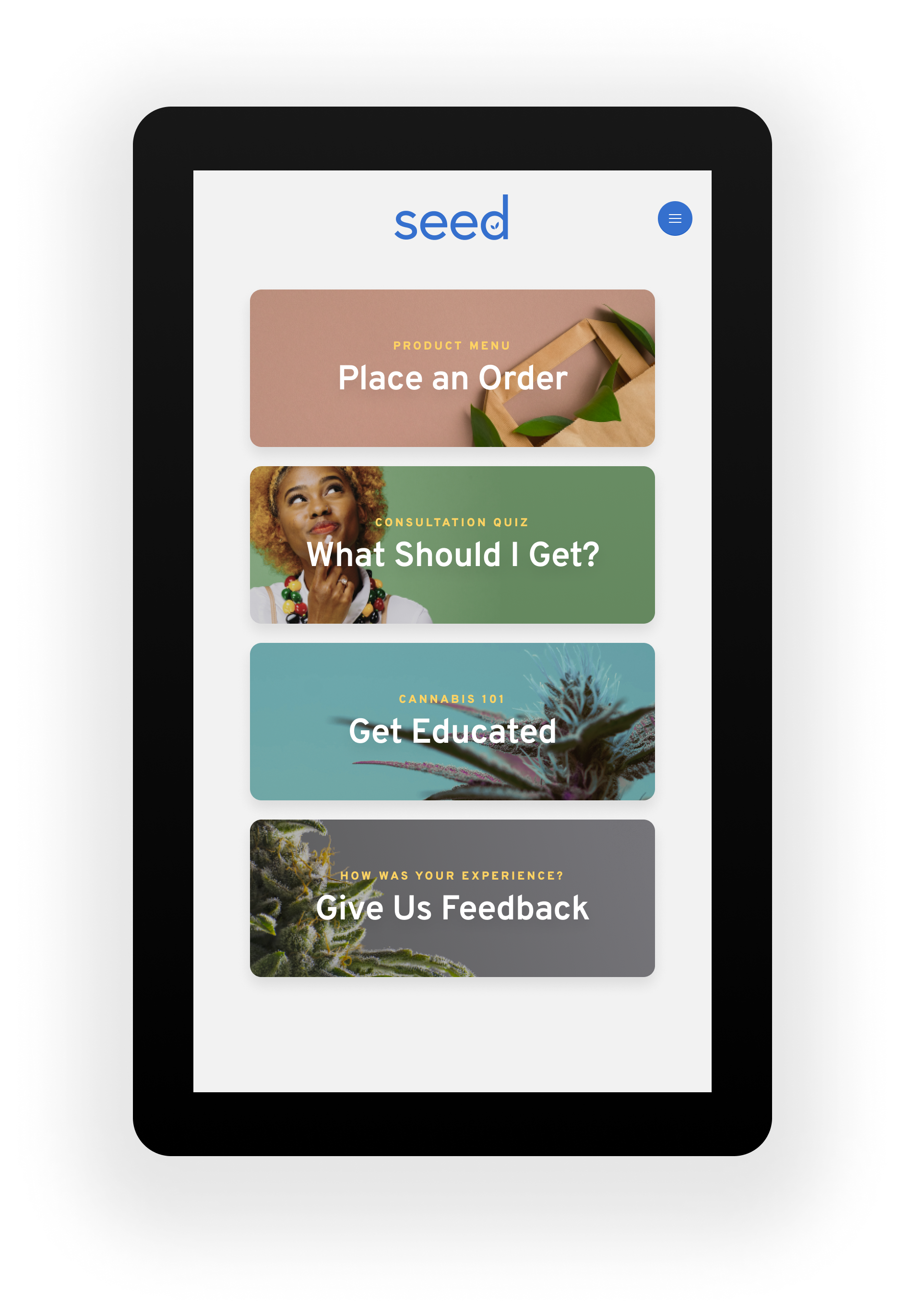 Seed screenshot: Seed self service ordering app works on tablets and touchscreens of all sizes to create a custom ordering experience for dispensary shoppers.
