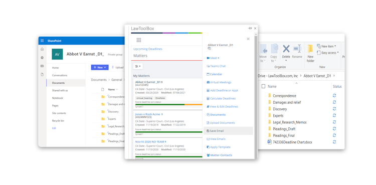 LawToolBox screenshot: Save emails from Outlook. Access files in the cloud or on desktop.