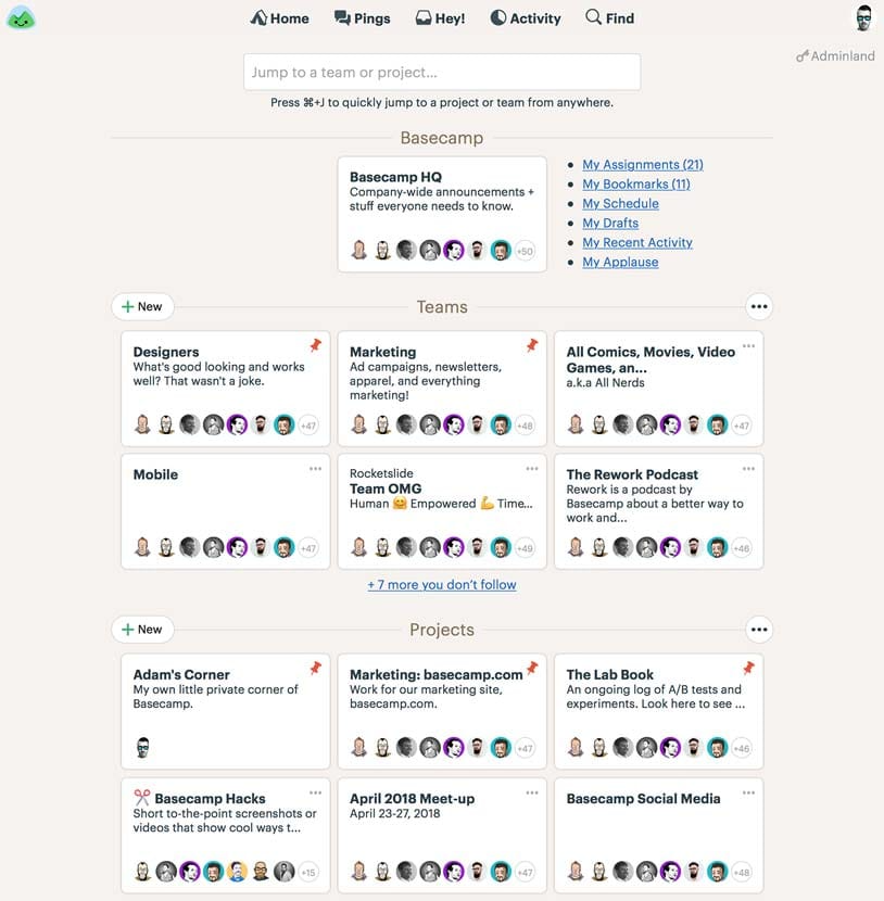 Basecamp Software - The Basecamp home screen provides an overview of all teams and projects