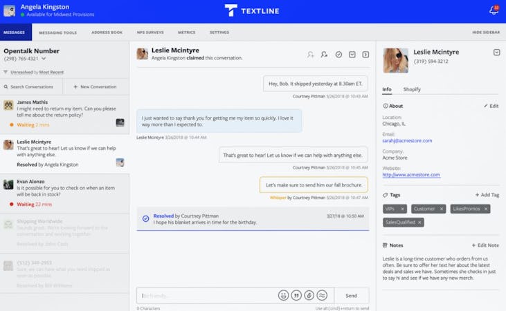 Textline screenshot: Textline communicate with clients