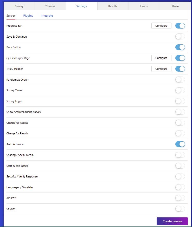 Super Survey screenshot: Super Survey settings