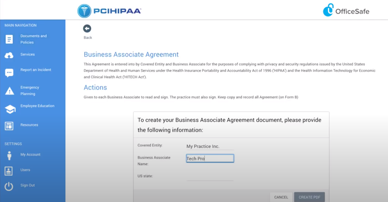 OfficeSafe business associate agreement