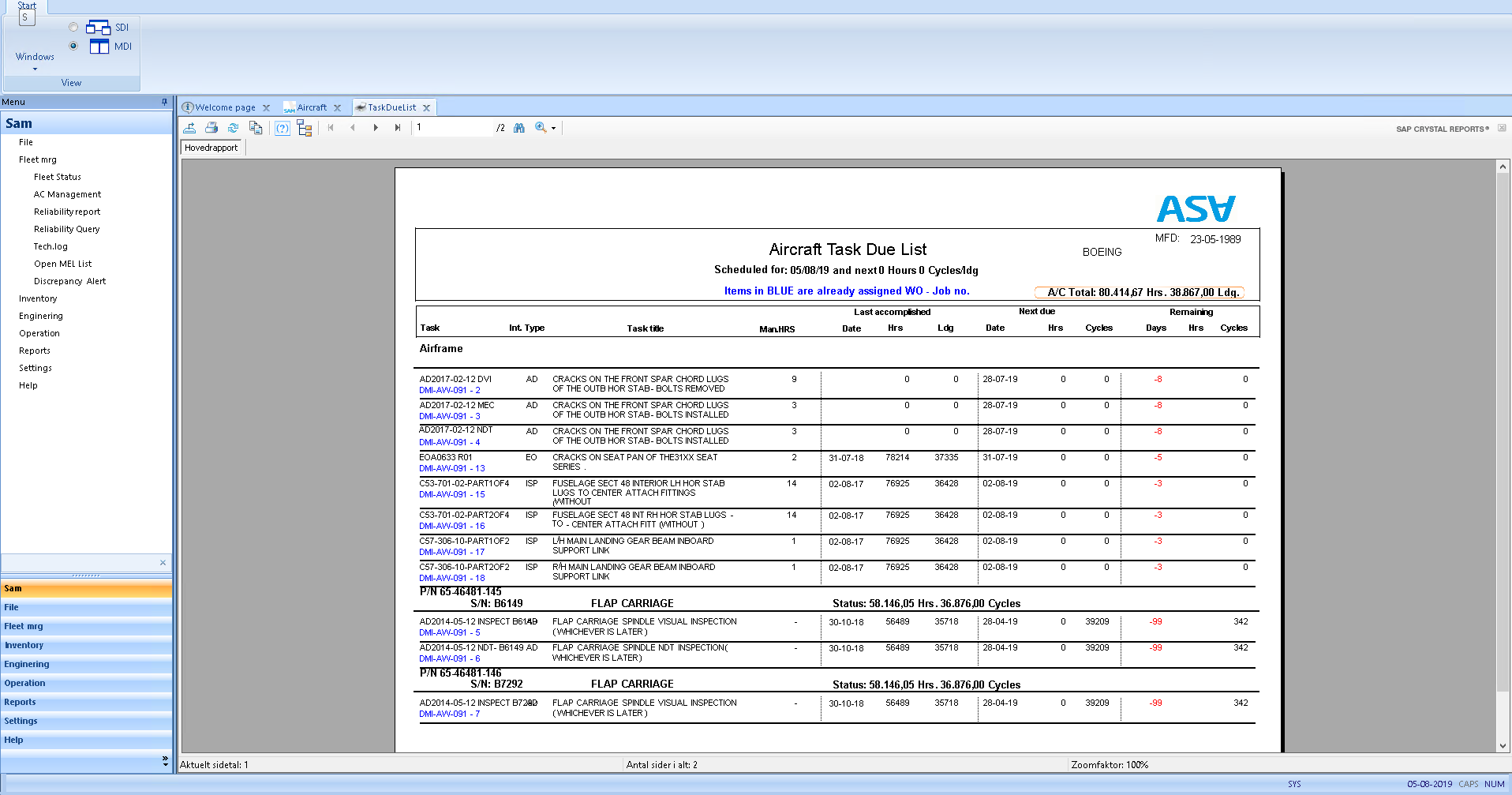 SAM Aviation Maintenance Software reporting screenshot