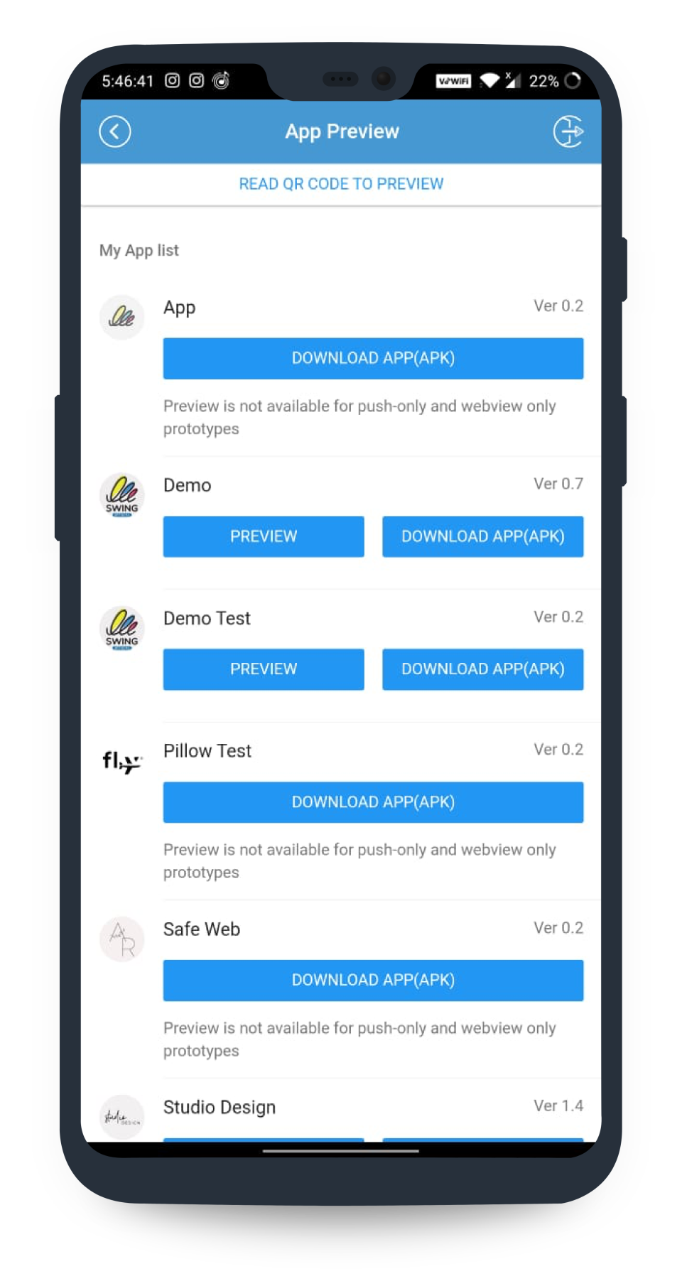 Swing2App list of user apps
