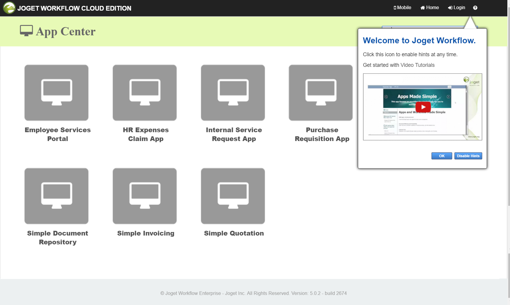 Joget Workflow App Center: Provides a central view of published apps.