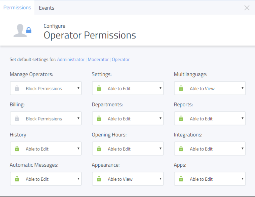Tidio Software - Different permissions can be set for different user roles, with options for operators, moderators, and administrators