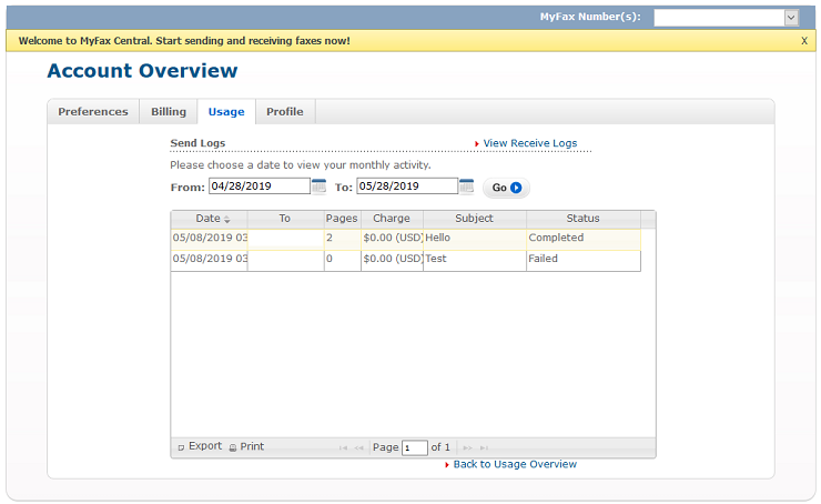 MyFax Software - MyFax account overview