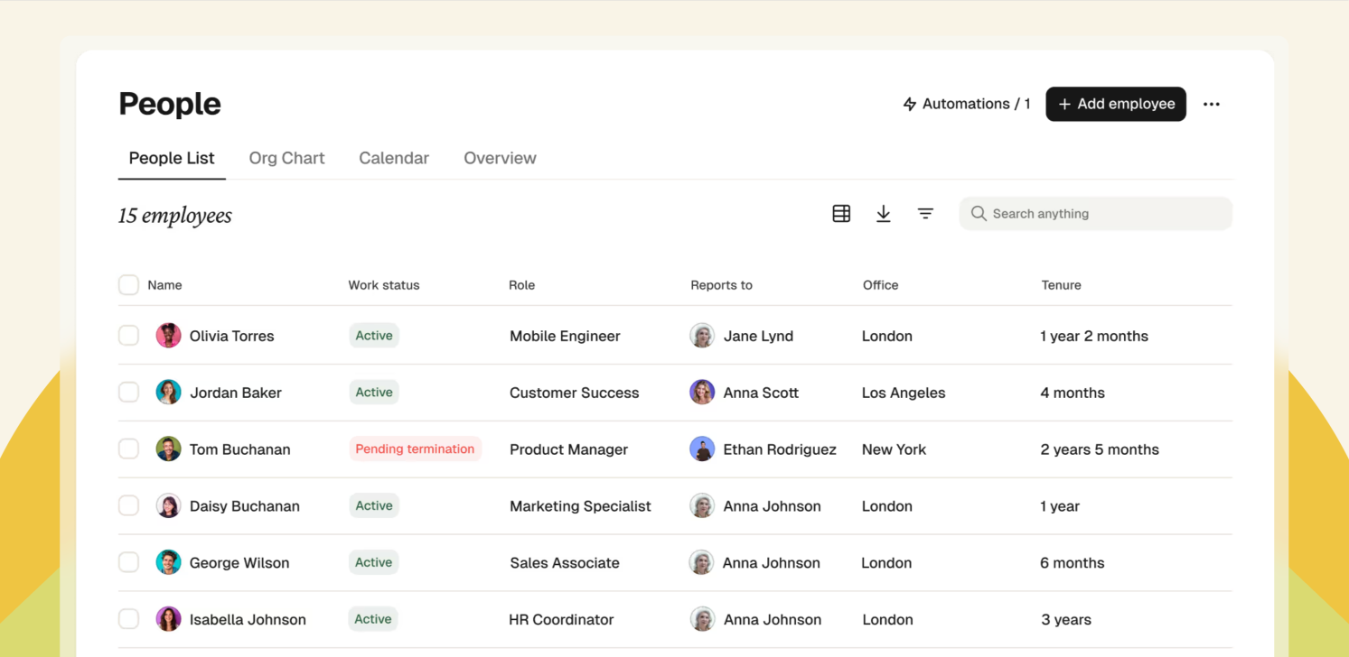 DreamTeam screenshot: Keep all people data in one place. Switch between lists, org charts, and detailed profiles, and customize what data you track for every employee – limit-free.

