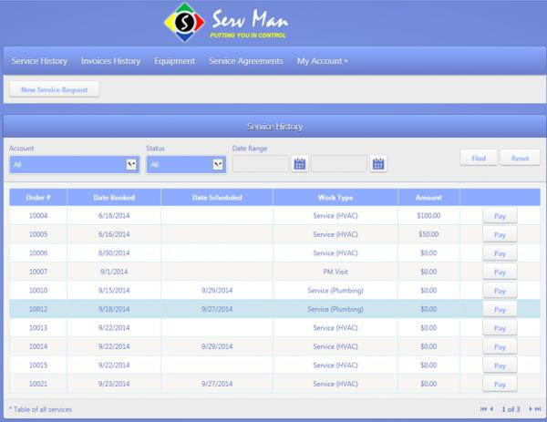 View service history, invoice history, equipment and more through ServMan web portal
