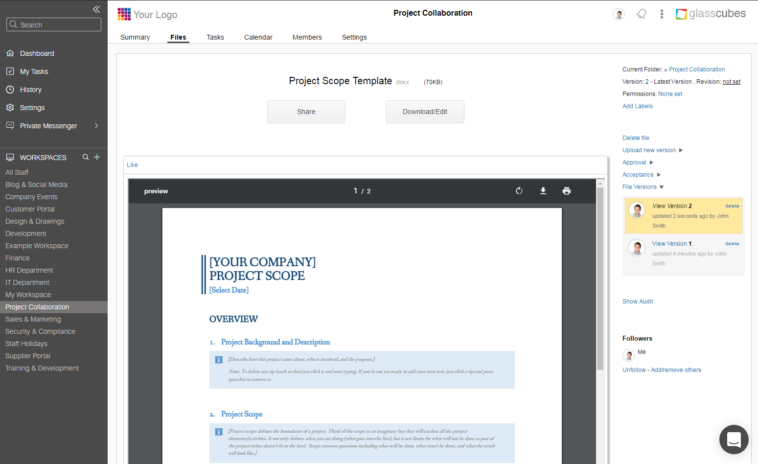Glasscubes Project scope template