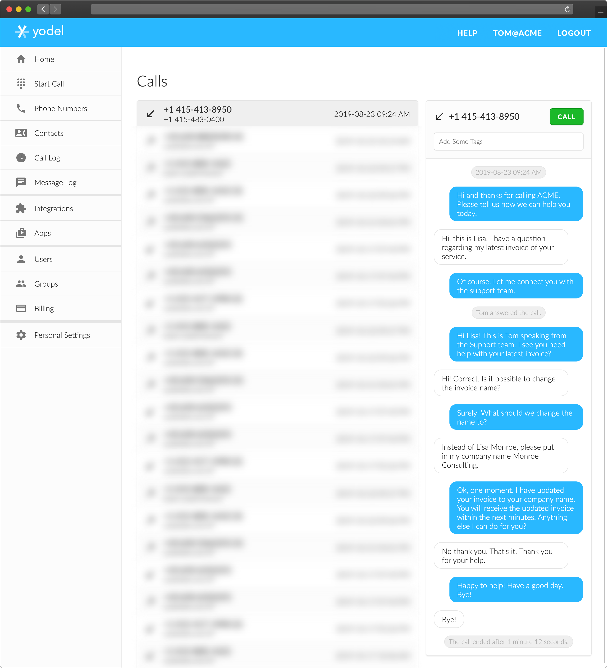 Yodel Slack call transcript screenshot